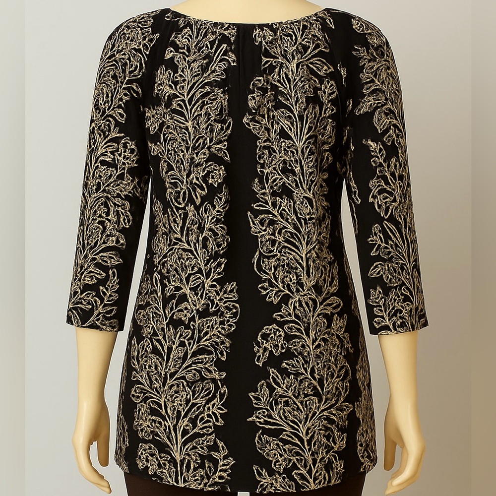 Lucky Brand Women’s 1X Black Beige Floral Boho Peasant Tunic Top Blouse - Picture 2 of 12